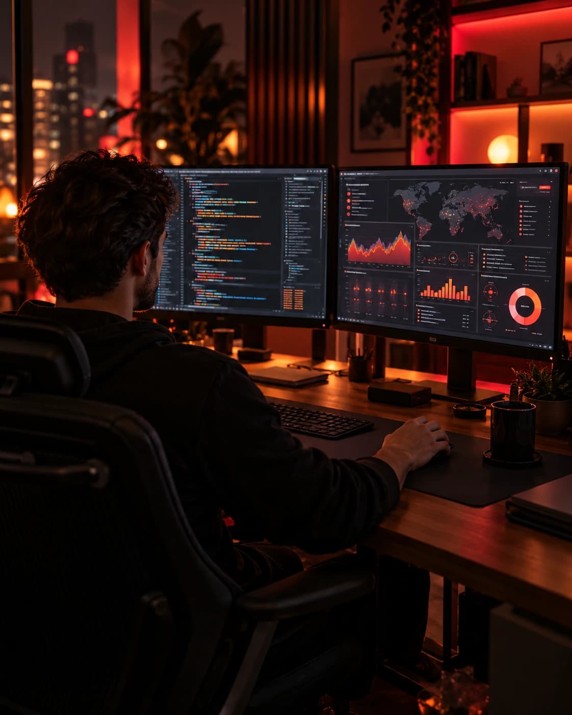 A developer working on code and analytics dashboards