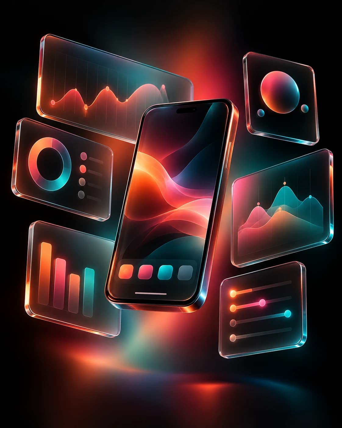 Glass interface cards and a mobile app glowing in red and teal